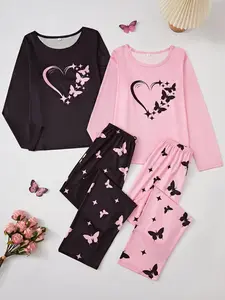Women's Butterfly & Heart Print Pyjama Set, Casual Comfy Round Neck Long Sleeve Top & Elastic Waist Pants Loungewear Set, Ladies Sleepwear for All Seasons, Pajama Lounge Sets