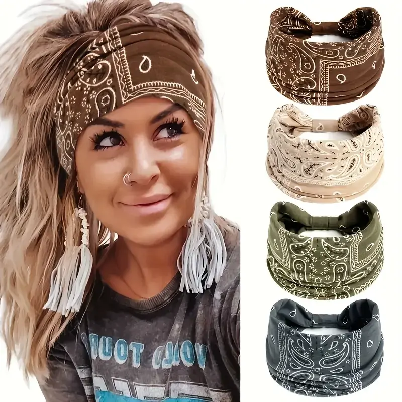 Women's Non-Slip Wide Knotted Chic Fashion Hair Styling Sports Headbands, 4-Pack Boho Bandana African Hair Wraps for Yoga Workout Accessories, Chic Headbands, Fashion Headband