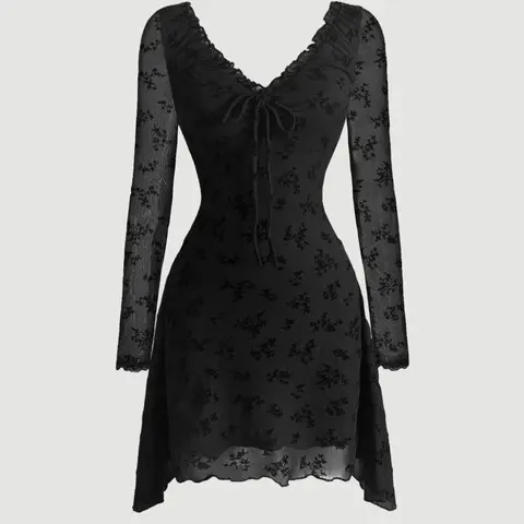 Floral Velvet Mesh V Neck Y2K Long Sleeve Dress, Slim-Fitting Ruffle Hem, All Seasons Fashion, Women's Elegant Style Chic, Womenswear, Lady