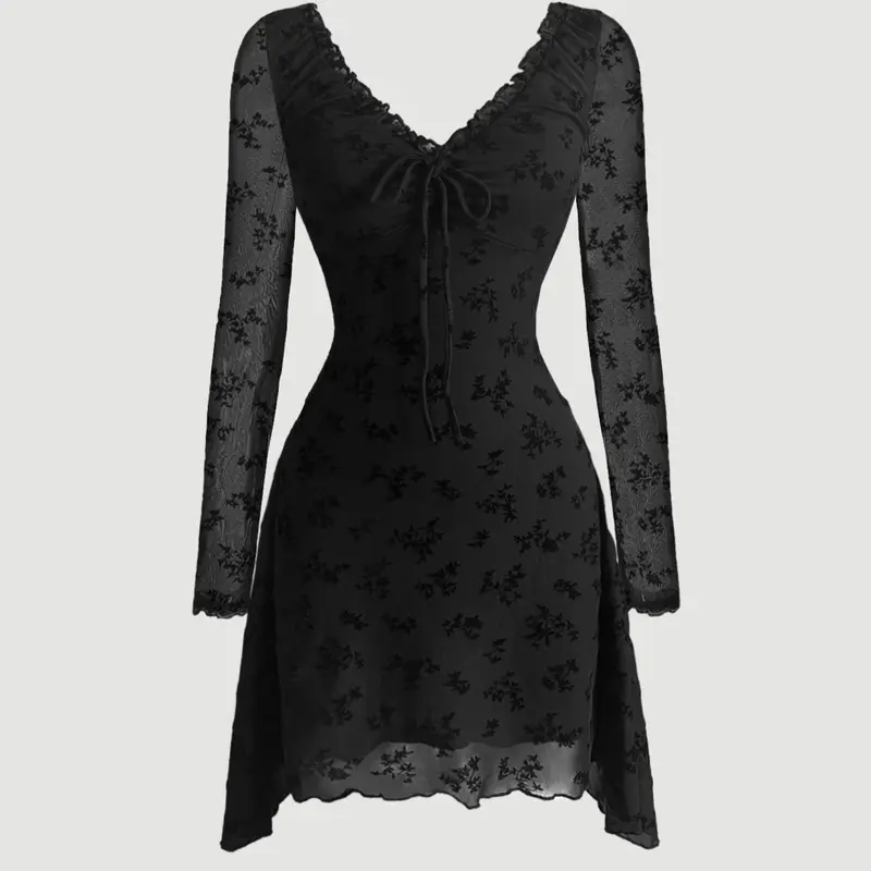Floral Velvet Mesh V Neck Y2K Long Sleeve Dress, Slim-Fitting Ruffle Hem, All Seasons Fashion, Women's Elegant Style Chic, Womenswear, Lady