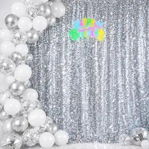 GLITZ HAPPY Silver Sequin　Backdrop 8 ft x 9 ft Shiny Wall Backdrop  for Birthday Christmas Wedding Parties Hanging Glitter Photo Studio Backdrop with 4 Inch Rod Pocket
