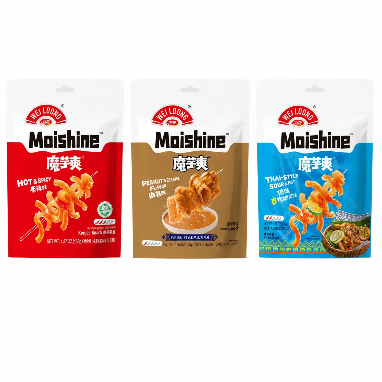 WEILOONG Moishine Variety Pack Konjac Snack Strips, Spicy Plant-Based Chewy Snack, Classic Mixed Flavors, 138g x 3 Packs (24 Individual Packs)