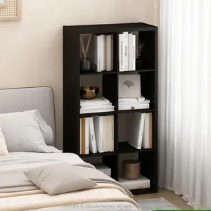 8-Cube Thick-Frame Open-Back Wood Open Cube Bookshelf, Reversible Composite Wood Modern Cubicle Shelf with Drawers, 14.6x30x57.9in, for Living Room, Home Office, Black Dark Oak Bookshelf with Storage