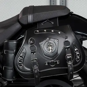 1 Pair Motorcycle Rear Side Bags with Cup Holder Punk Style Locomotive Bag Large Capacity Black Skull Motorcycle Hanging Bag for Harley Motorcycle