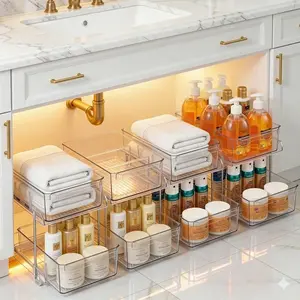 2-Tier Clear Pull-Out Drawer Organizer - Sleek, Compact & Sturdy Makeup and Closet Organizer - Easy Assembly Kitchen Storage Solution, Ideal for Makeup, Tools,  4-Pack