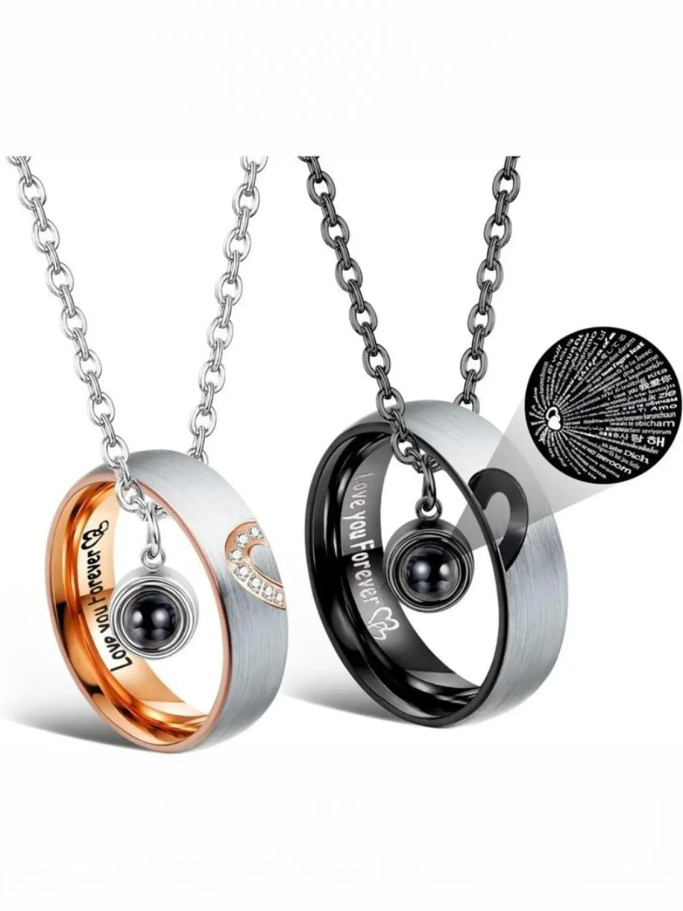 Couple ring set, stainless steel pendant necklace with unisex commitment rings, romantic anniversary and Valentine's Day jewelry gift, Exquisite Jewelry Gift, Engraved Ring Necklace