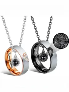 Couple ring set, stainless steel pendant necklace with unisex commitment rings, romantic anniversary and Valentine's Day jewelry gift, Exquisite Jewelry Gift, Engraved Ring Necklace