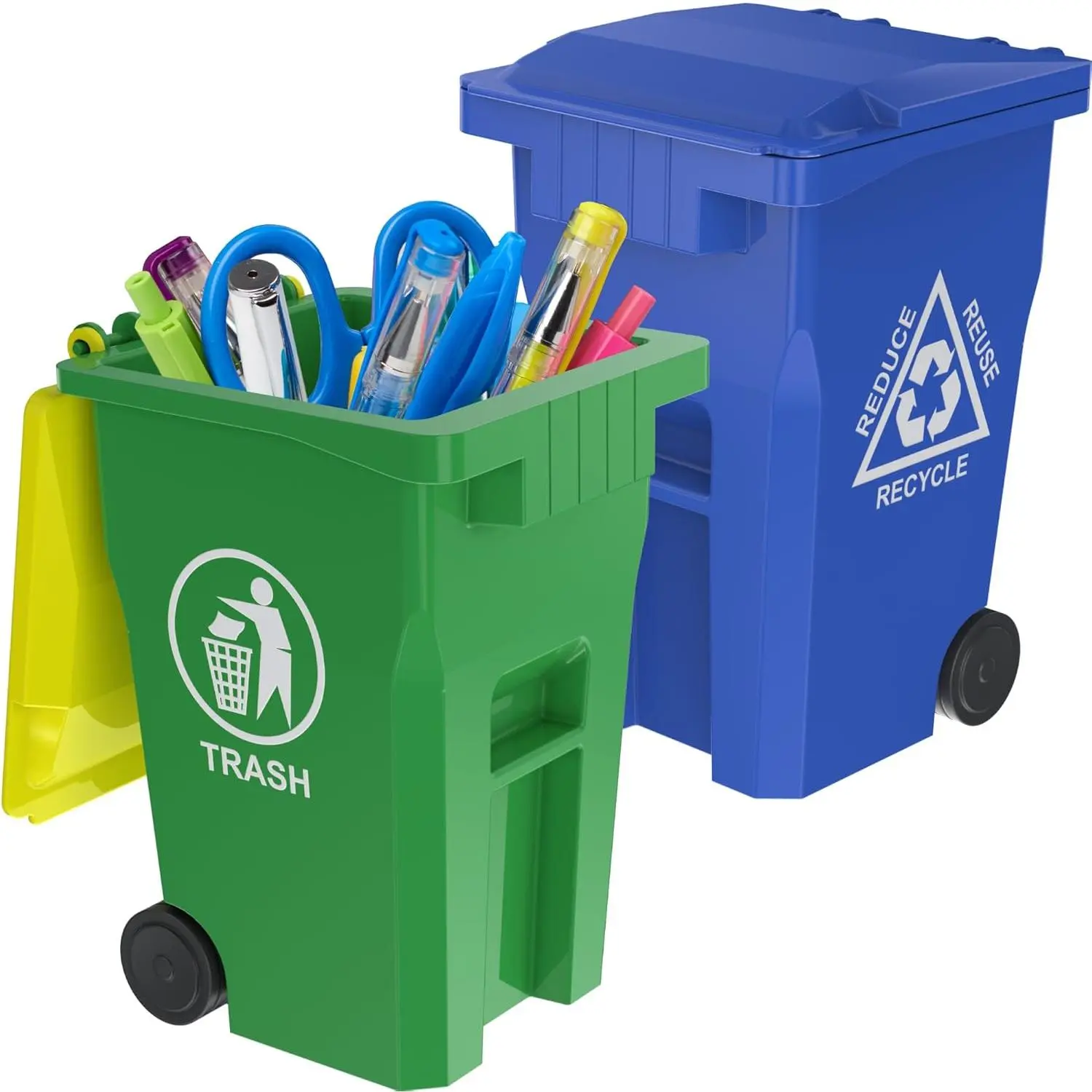 Mini Garbage Trash Pen Holder for Desk, Pack of 2, Blue & Green,  Recycle Bin Pencil Holder | Storage for Pencils & Pens | Office Stationery to Organize The Desk | Ideal for Student Work