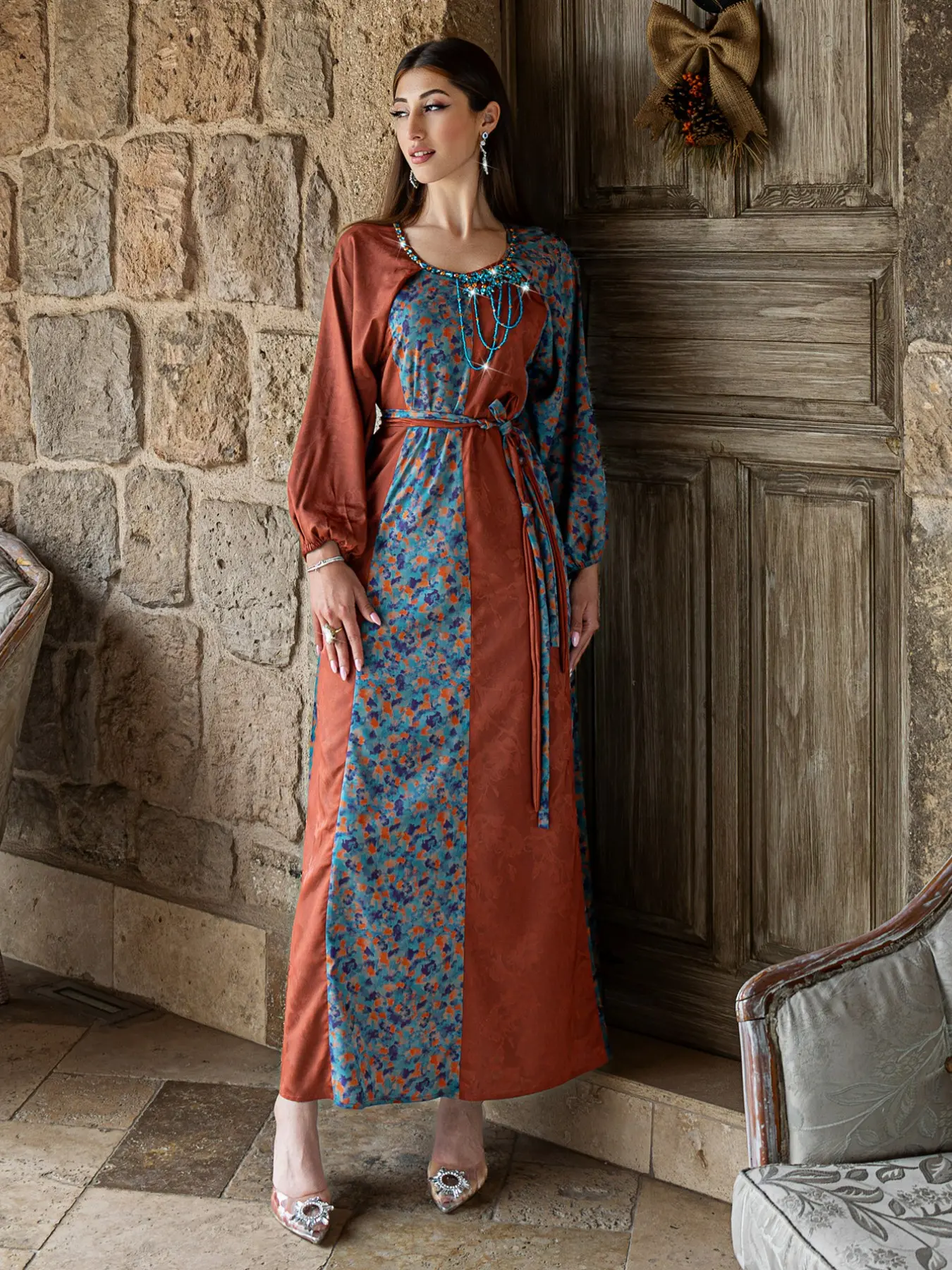 Stylish 5012 Patchwork Abaya Robe with Beaded Details, Waist Tie, Unique Pattern Dress for Eid Festivities, Elegant New Dress, Round Neck Abayas