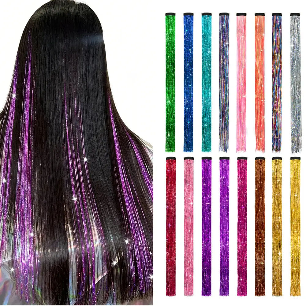 Clip-in Tinsel Hair Extensions, 5 Pcs 20-Inch Straight Synthetic Fiber, Cyan Blue Glitter Highlights for Kids, Girls & Women, for Parties & Cosplay Events, Synthetic Fiber Hair, Clip Hair Extensions