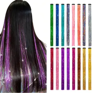 Hair Tinsel Kit Pack of 5 Pcs 20Inch Glitter Tinsel Extensions Heat Resistant Clip in Cyan Blue for Kids Girls Women Party Cosplay