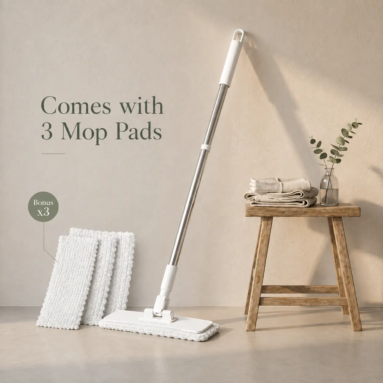 POHIR Reusable Clamp Flat Mop, 48in Adjustable Handle, 3-Pcs Mop Cloths Included, Eco-Friendly Household Floor Cleaner Compatible with Towels & Wet Wipes, No Refills Needed