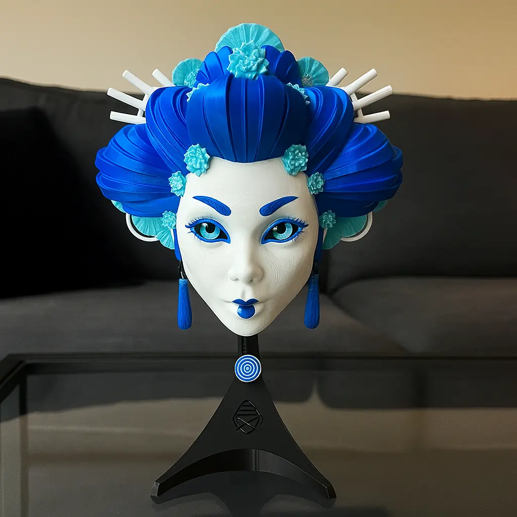 3BC Creations Artistic Blue Geisha Fan Art Bust Sculpture - 3D Printed Collectible Figurine, USA-Made Home Decoration, Room Decorations with Stand or Wall Mount