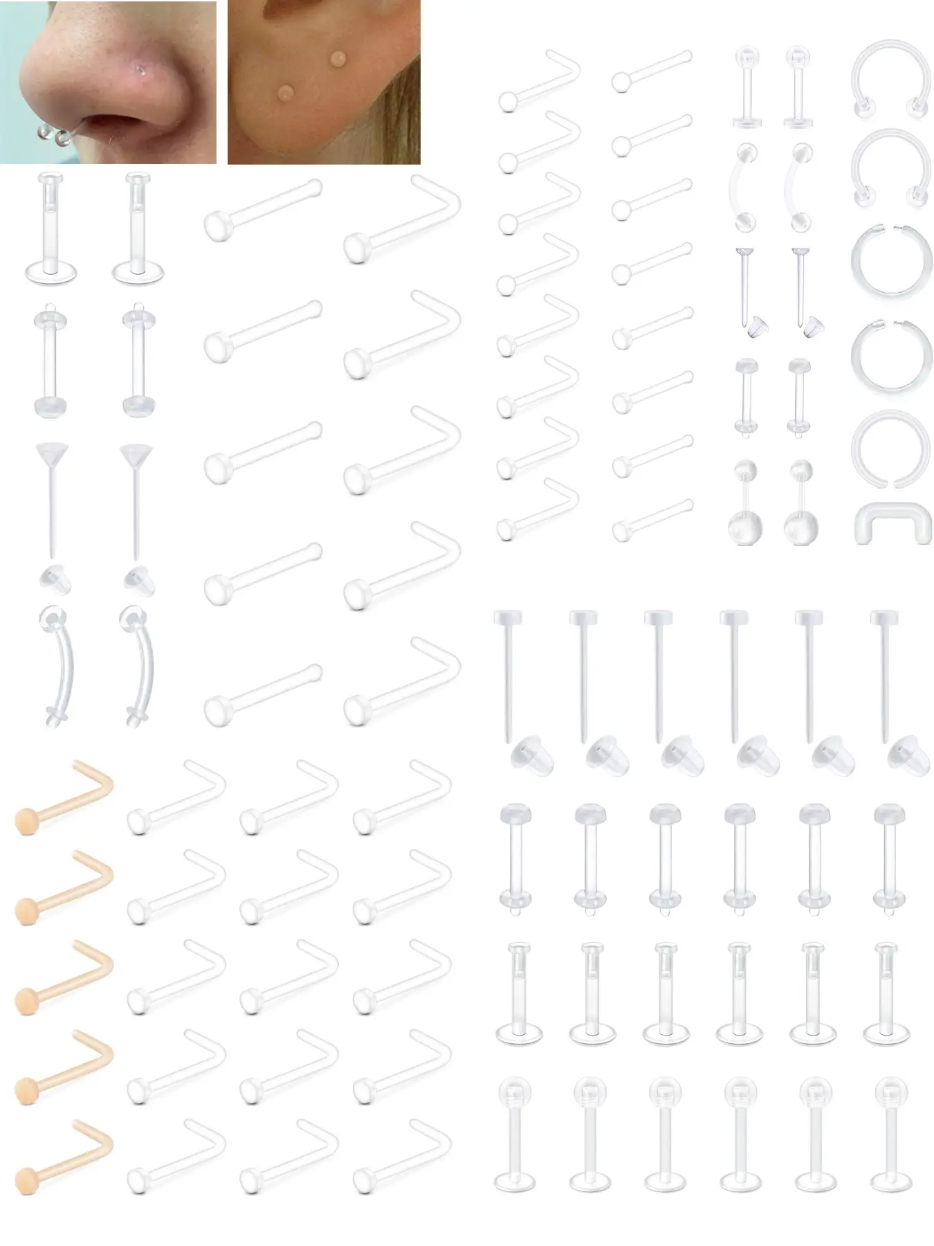 Clear Nose Studs Clear Nose Rings for Work Clear Nose Piercing Plastics Nose Retainer for Nose Ring Spacers Nose Rings Retainer Septum Retainer Clear Lip Rings Plastic Earrings Studs Nose Piercing Jewelry Body Piercing Jewelry Nose Piercings Kit