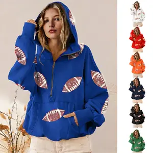 WoodBerry Women's Game Day Sequin Hoodie - Longsleeves Oversized Half-Zip Pullover, Football Print Collared Tops with Kangaroo Pocket, Adjustable Drawstring Hood, Matching Lady Casual Sweatshirt