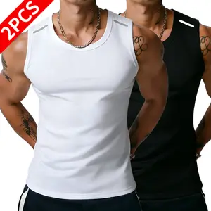2PCS Men’s Wide-Strap Reflective Striped Vest, High-Stretch Breathable Muscle Tank Top, Heavyweight Drapey Fit Gym and Casual Sleeveless Shirt