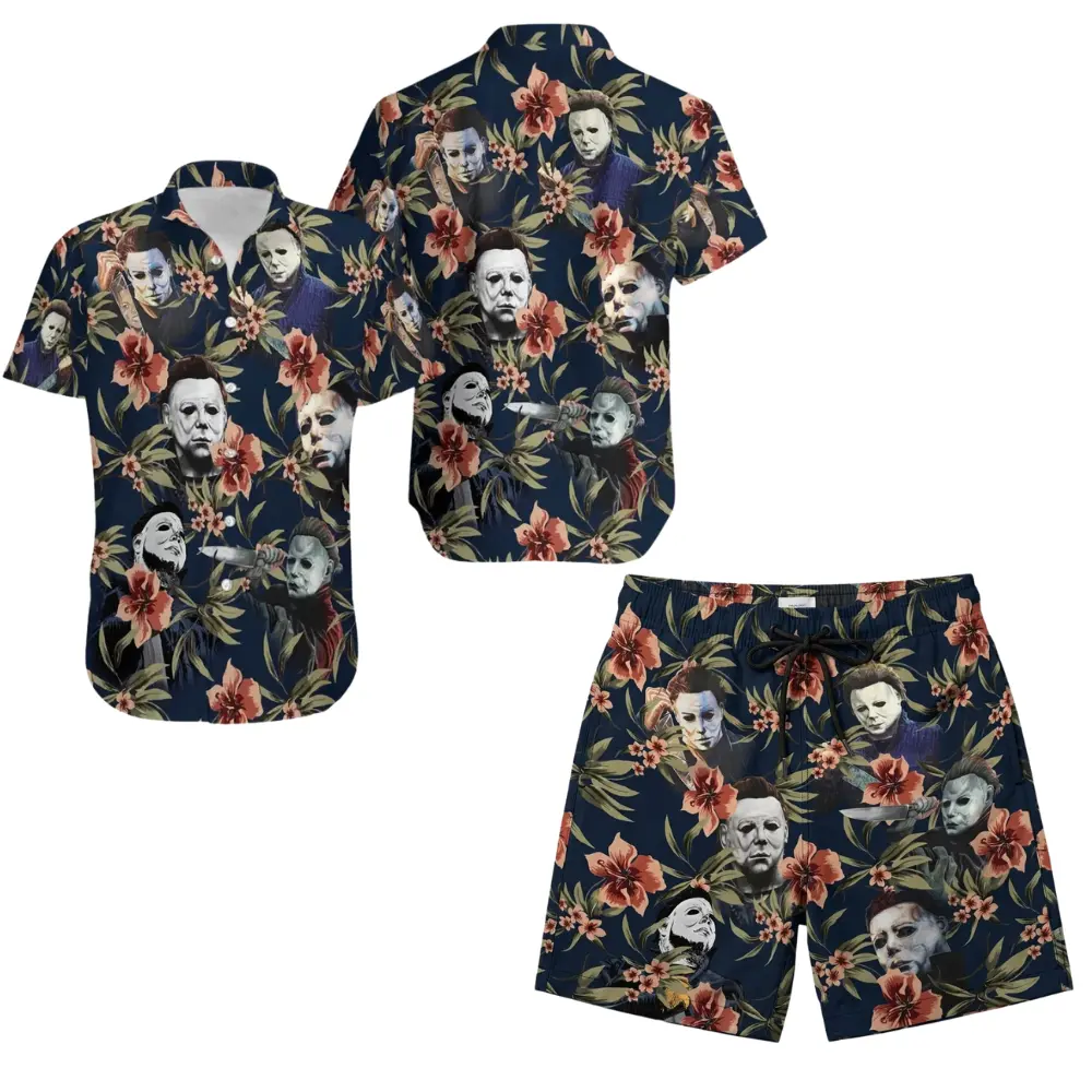 Michael Myers Hawaiian Shirt and Shorts Set, Tropical Floral Slasher Horror Halloween Design, Gift for Horror Movie Fans