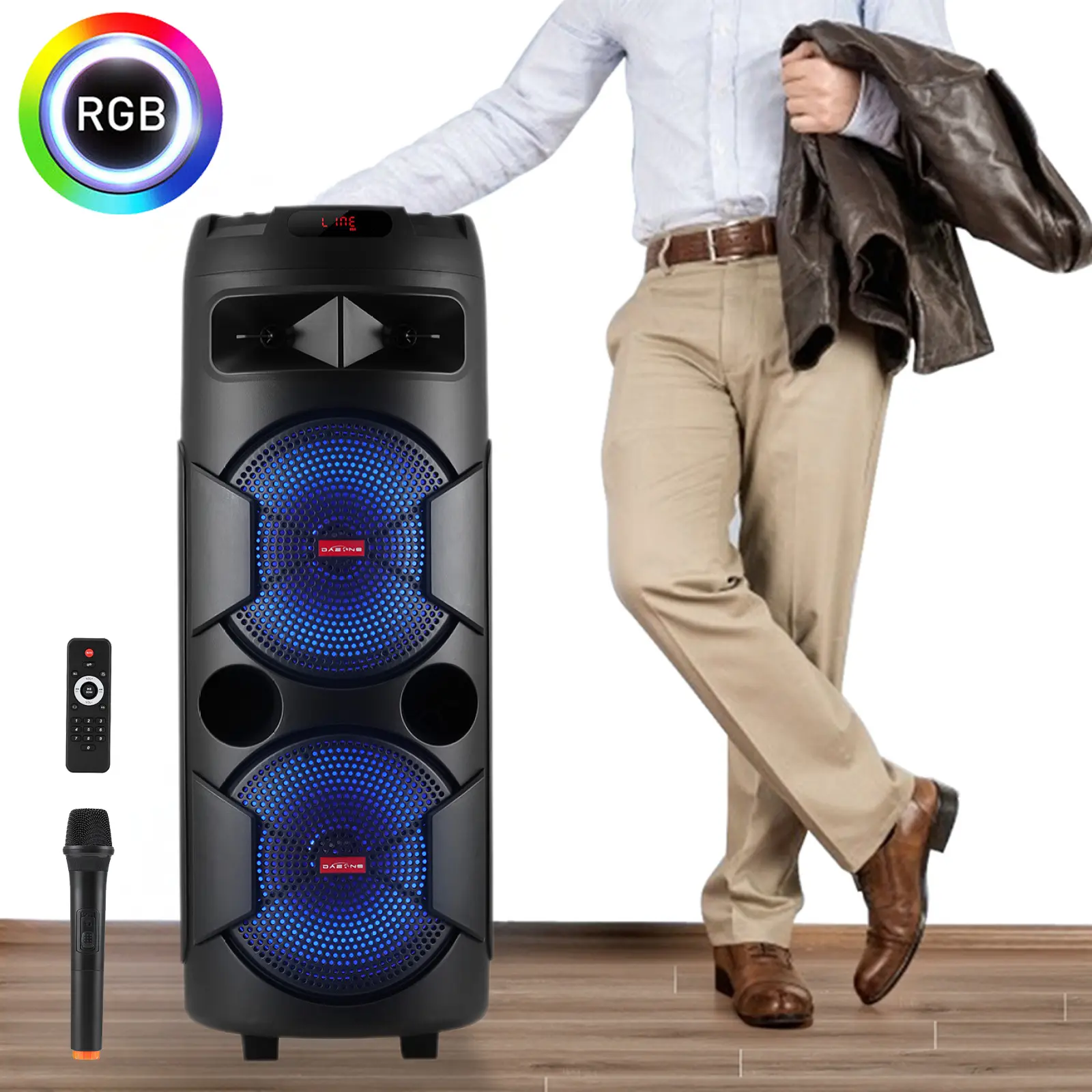DAZONE Loud Rechargeable Bluetooth Audio Speaker - 2x12in Plastic Subwoofer, Heavy Bass Stereo, Microphone, FM Radio, MP3 Player, SD Card Support, Device Compatible, Handle, Charging Cable Included, Remote Control, Portable for Home Outdoor Use