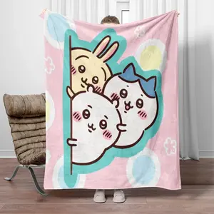 Chiikawa Cartoon HD printed flannel thin blanket. Four seasons blanket. for sofa, beds, living room, travel picnic blanket gifts