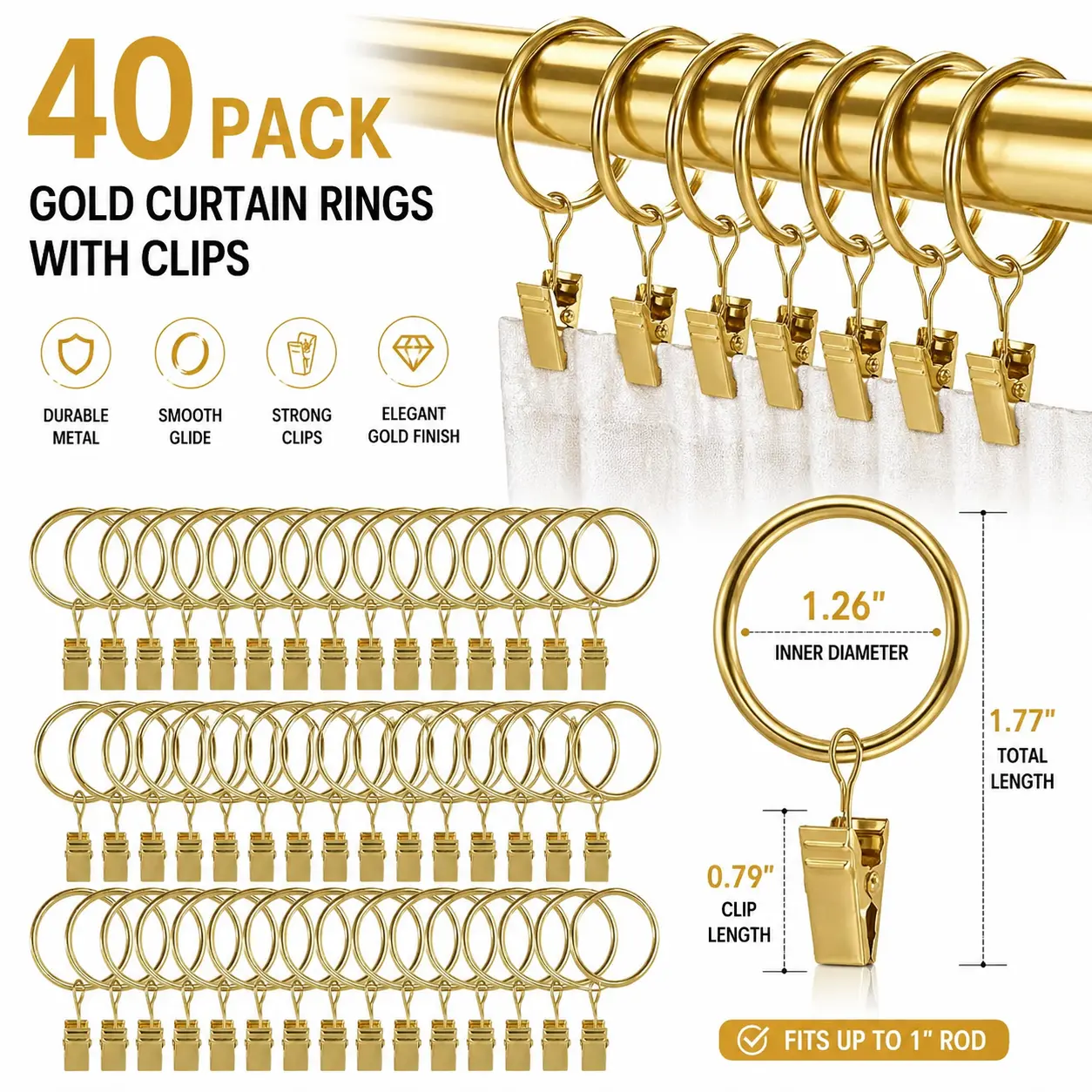 40-Pack Light Luxury Versatile Gold-Plated Solid Metal Curtain Rings with Strong Clips, 1.26" Inner Diameter, Smooth Slide, Fits 1" Rod, Elegant Finish for Bedroom & Living Room Window Treatments