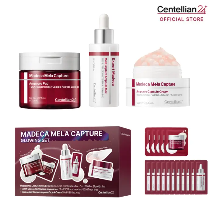 [Centellian24] Mela Capture Glowing Set | Brightening & Tone Correcting Skincare | Madeca Ampoule Pad, Ampoule Max & Capsule Cream | Fades Discoloration & Boosts Radiance for Glass Skin | Complete Glow Routine