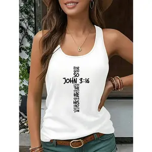Women's Christian Faith Sleeveless Tank Top - John 3:16 Bible Verse Print, Soft Breathable Polyester-Rayon Fabric, Round Neck, Machine Washable Lady Streetwear for Church, Outdoor & Summer Casual Attire