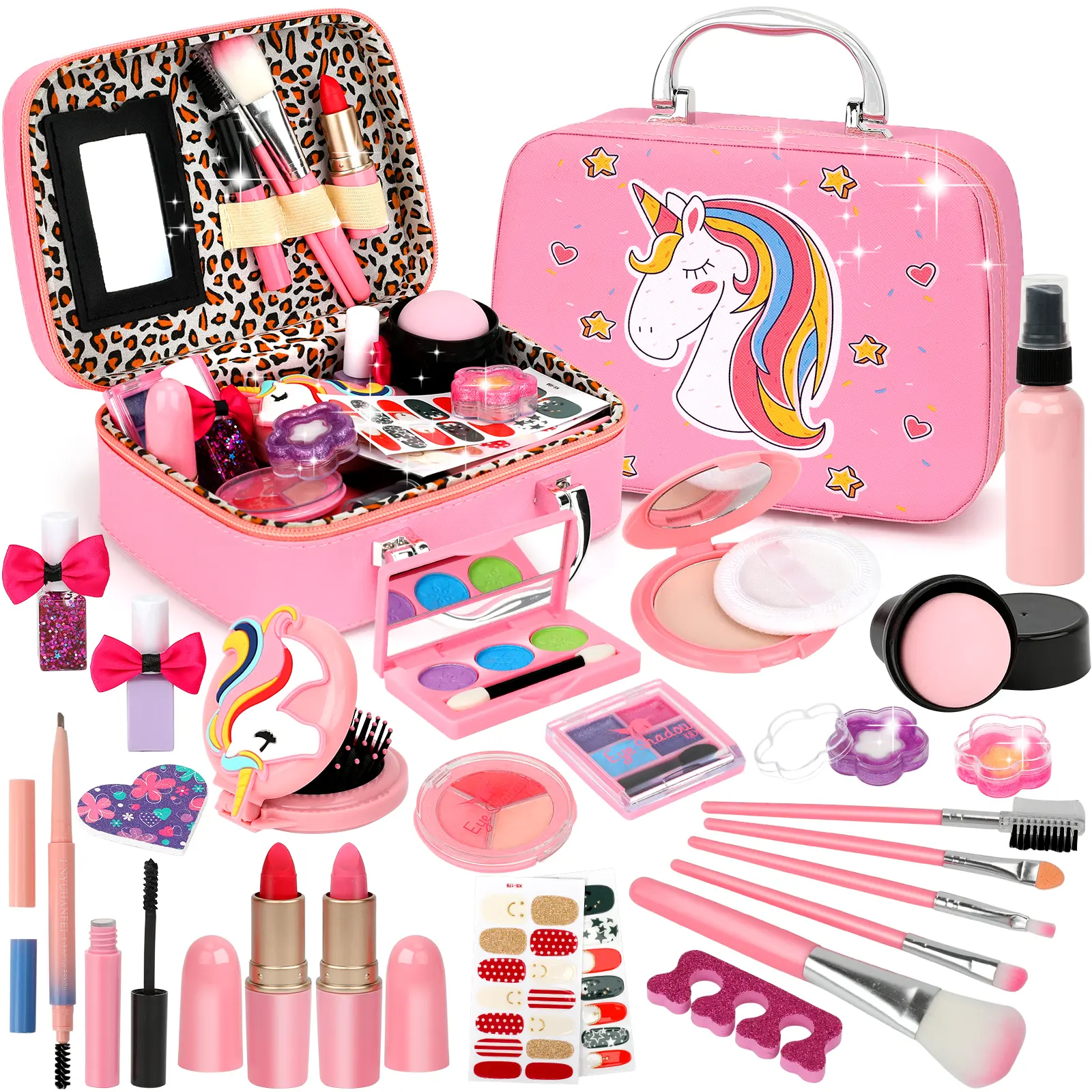 Girls' Makeup Set, Washable Makeup Kit for Kids, Authentic Children's Cosmetics, Princess-Themed Makeup Set with Case, Ideal Birthday or Christmas Gift for Children Ages 3 and Up.