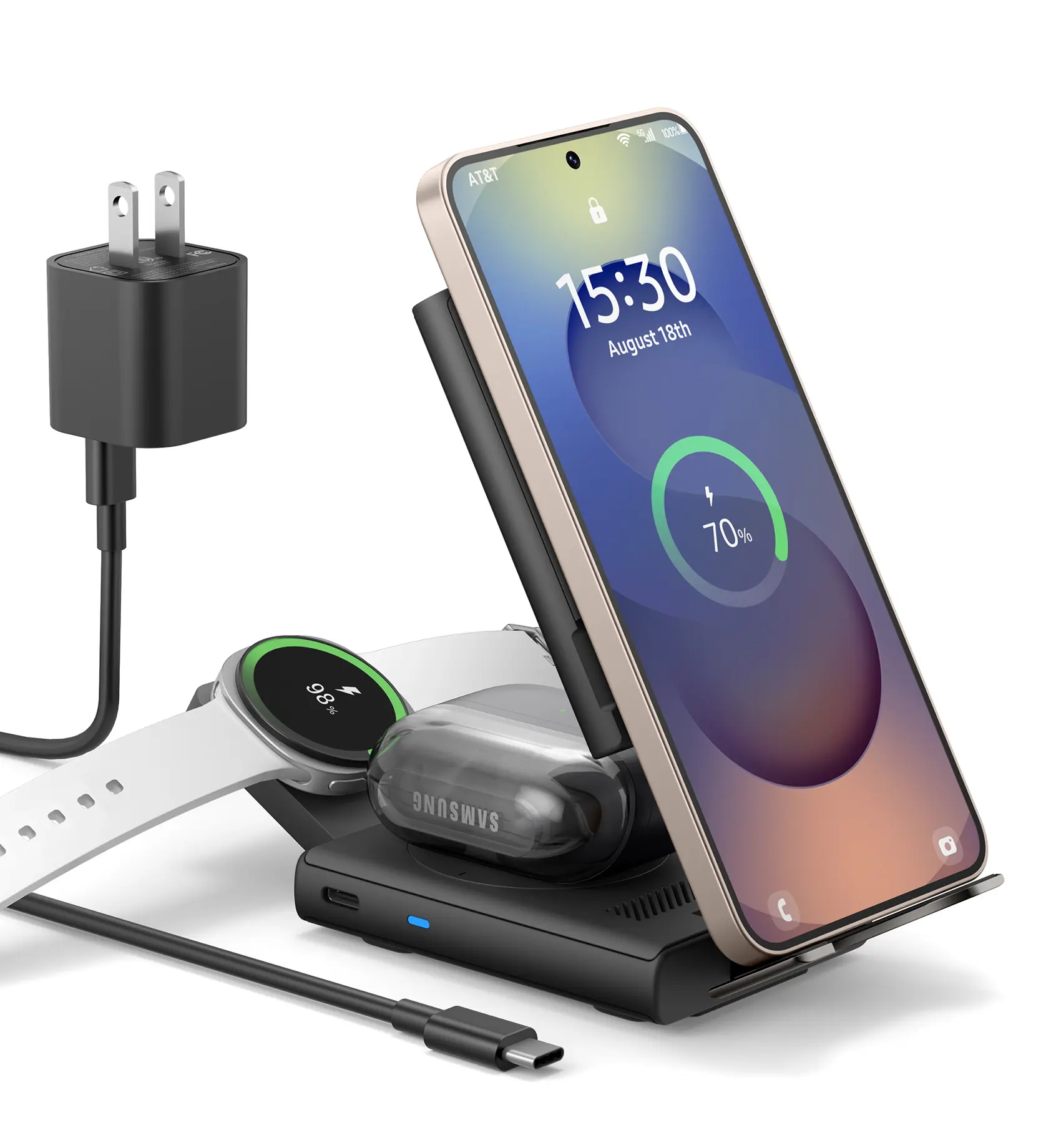 SURITCH for Samsung 3-in-1 Wireless Charging Station, Ultra-Portable Charging Dock Stand for Galaxy S26/S25/S24/S23/S22/S21/Note/Z Fold Flip, Galaxy Watch 8/7/6/5/4/3/Buds