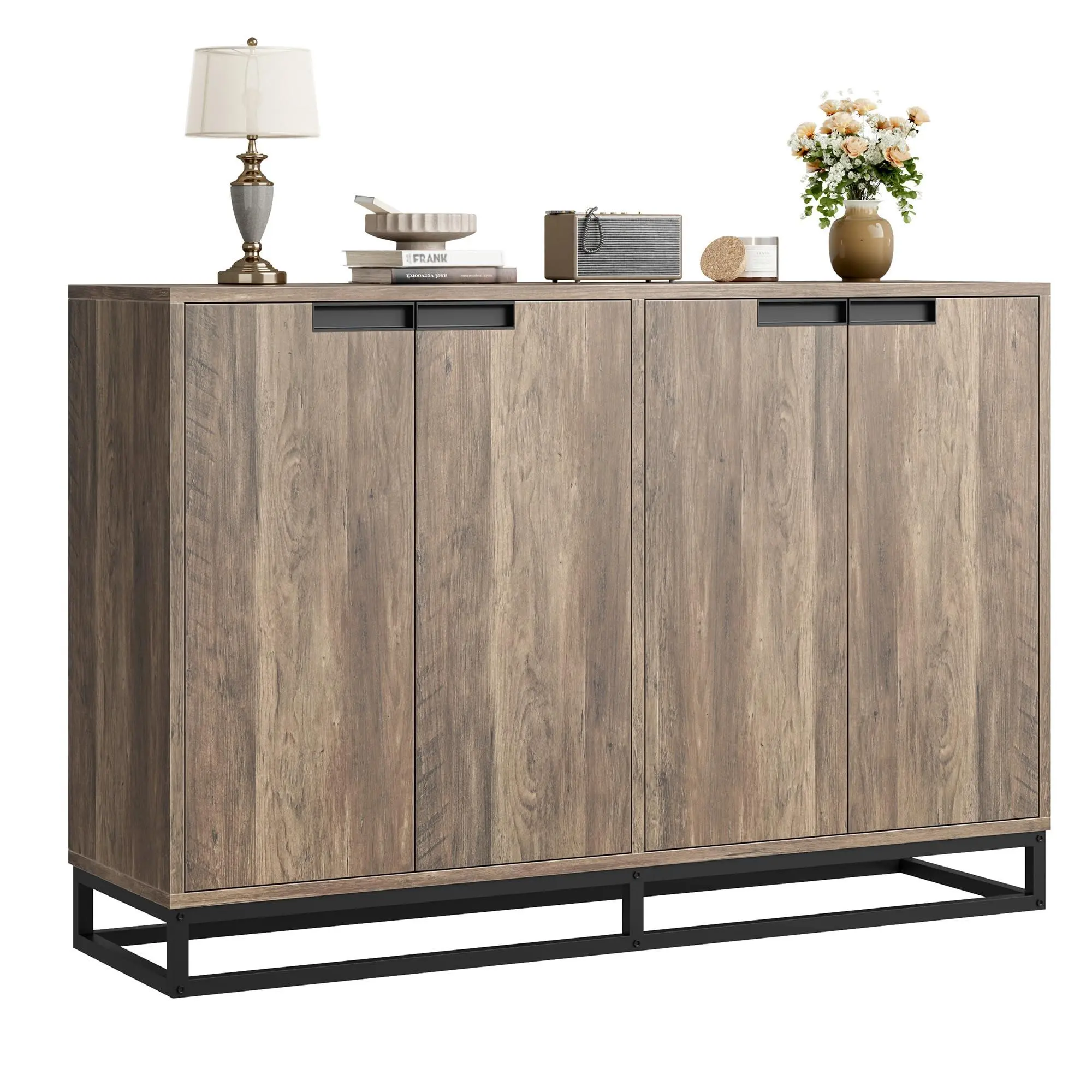 GAOMON 55in Vintage Wooden Buffet Storage Cabinet - Sideboard Credenza with 4 Doors, Adjustable Shelves, Black Metal Built-in Handle, 15.5in Deep, 150lbs Capacity, Easy-to-Assemble Metal Base for Kitchen, Dining Room, 15.5 In Deep