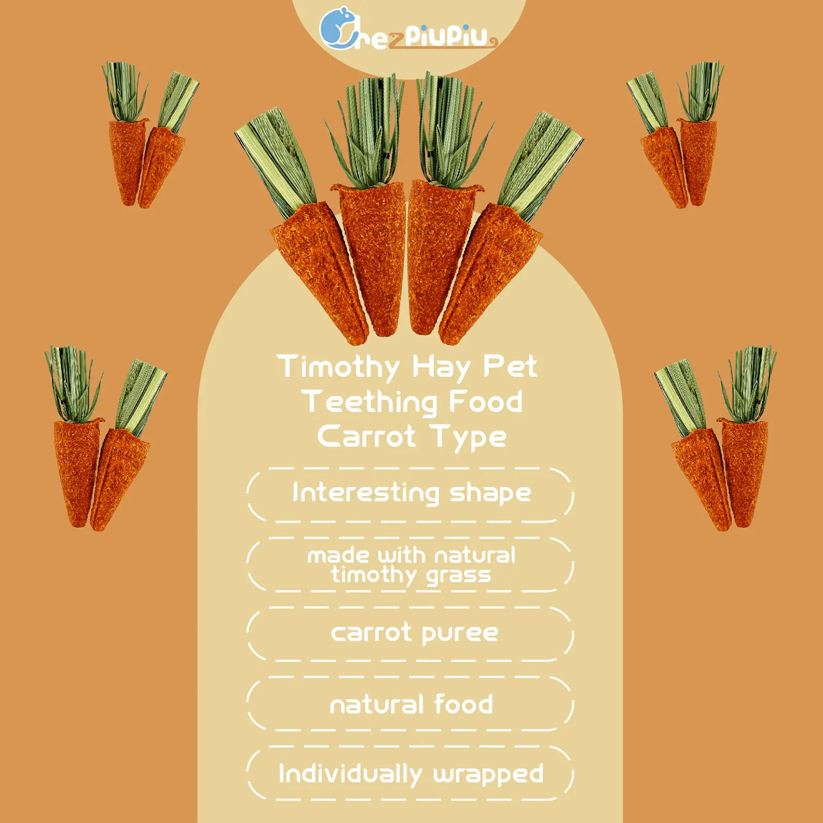 Timothy Grass Carrot Pet Teething Snacks Supplement Small Pet Hamster, Guinea Pig, Rabbit, Chinchilla Food Vitamins Oral & Gastrointestinal Health 7pcs