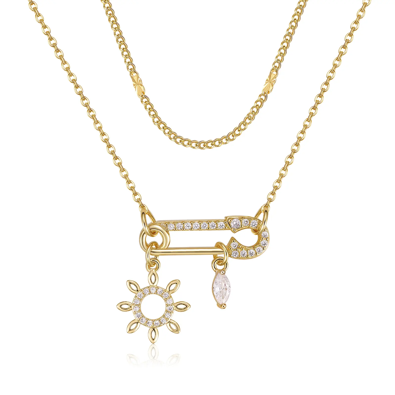 MEIITRUE 14K Gold Plated Layered Safety Pin Necklace With Sunburst / Moon & Sun / Angel Wing Cross / Sunflower Charms– Adjustable Double Chain with 5A Cubic Zirconia