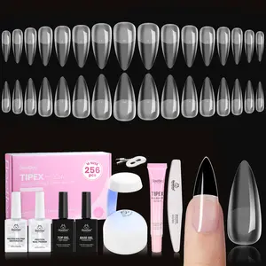 Beetles Tipex Lite Nail Tips Kit –  Square Stiletto Almond Coffin, 256 PCS in 16 Sizes | Pre-Etched, Thick Full Cover Acrylic Tips with Nail Glue, Base & Top Coat, Nail Prep Kit, Mini UV Lamp Manicure Art DIY Gift for Women