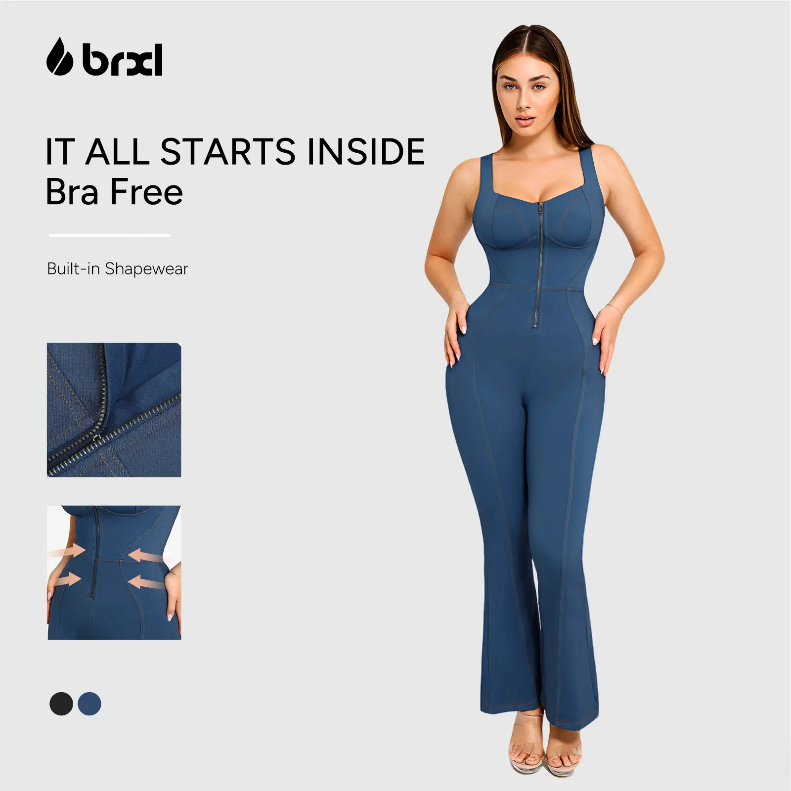 BRXL Faux Denim Jumpsuit for Women - Built-in Shapewear Tummy Control Bodycon Romper with Flared Legs  - Casual Fashion Bodysuit #Summervibes #beachoutfit #summer outfits #4th of july outfits #cute summer outfits#vacation outfits#summer dresses-1