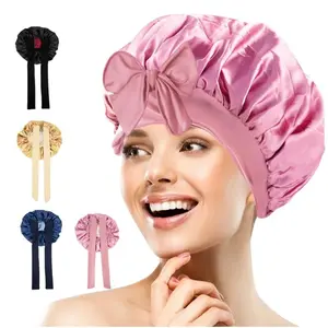 Reusable Double-Layer Satin Shower Cap - 2-Color Ribbon Braid Long Design, Lightweight Hair Protection Cover, Reversible Fashion Accessory, Bath Tub Accessories