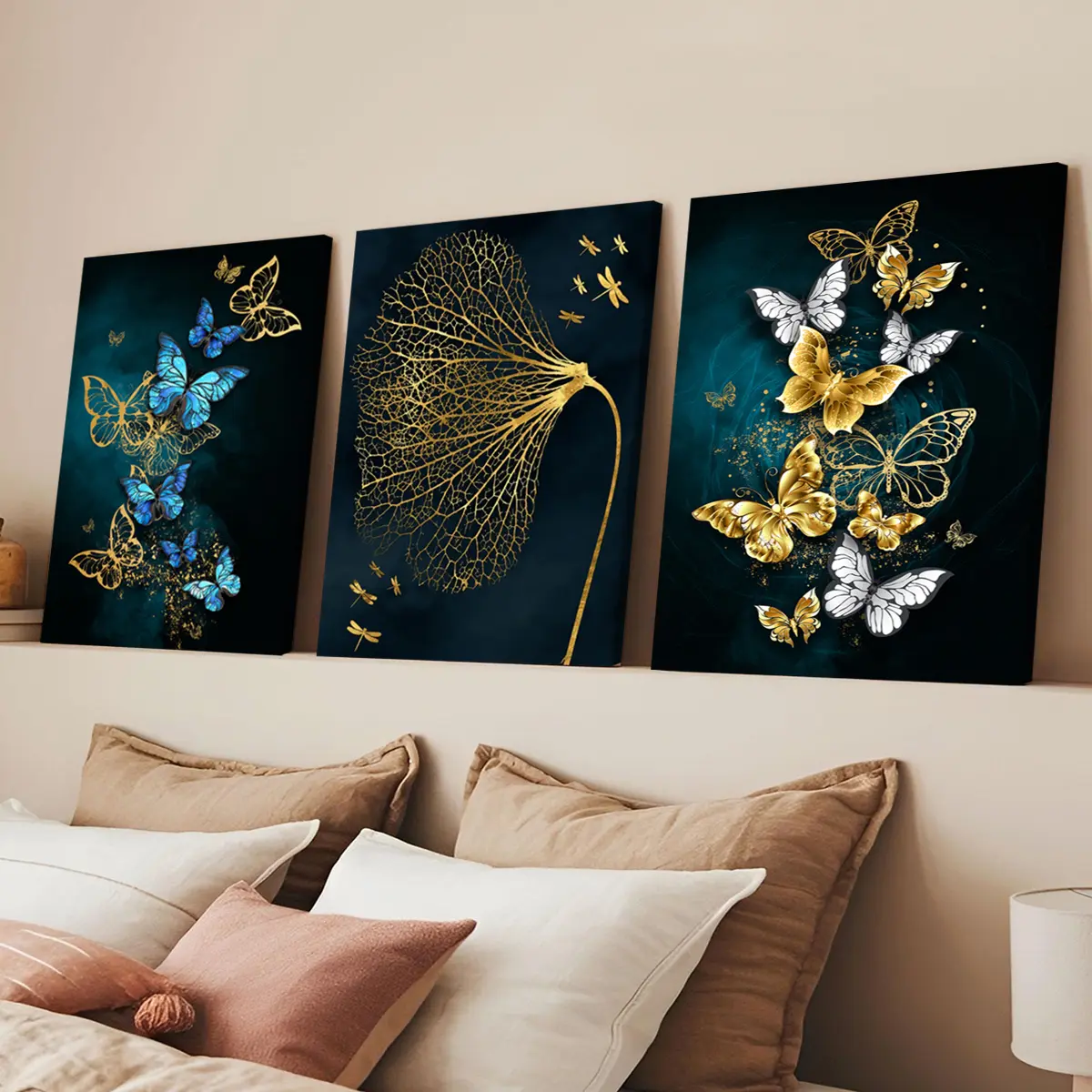 3Pcs Artistic Wooden-Framed Canvas Wall Paintings - Gold Leaf Dragonflies, Blue Gold Butterflies Design, Waterproof Odorless Home Decor Posters for Living Room, Bedroom, Bars, Kid Room | Decor Inspo