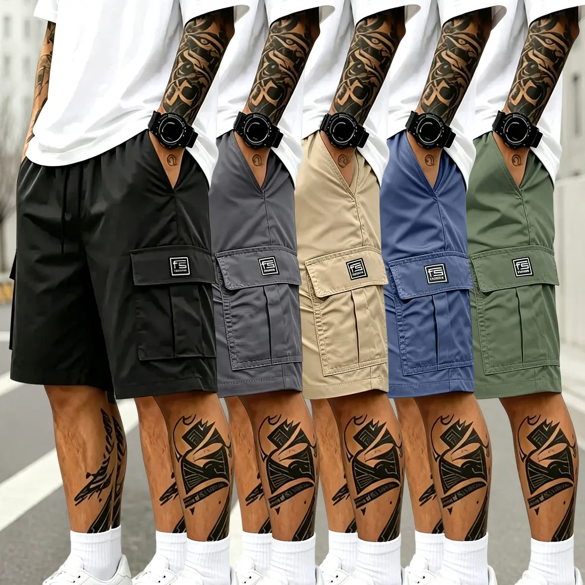 Men’s 5-piece casual cargo shorts set — elastic drawstring waist design, multifunctional pockets, suitable for leisure sports and everyday wear,