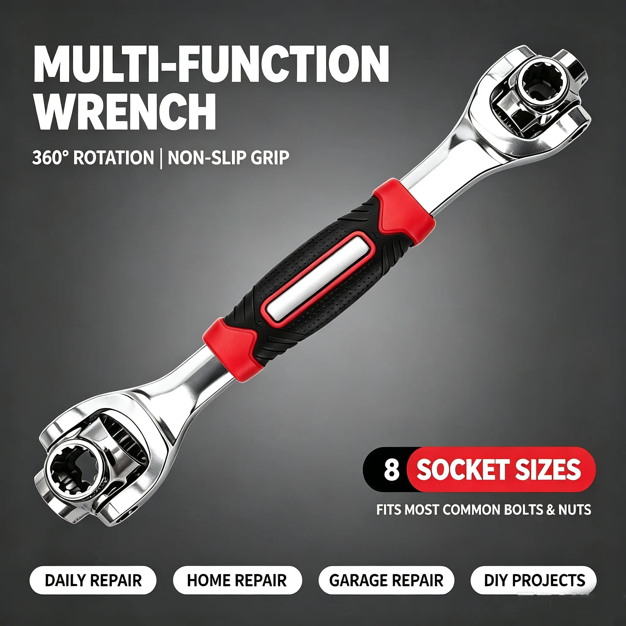 360° Rotating Ratcheting Wrench | Dual Head Multi-Socket  | Heavy Duty Cr-V Steel Anti-Rust | Universal  for Car Repair, Bike Fix, DIY Home Projects & Furniture Assembly | Ergonomic Non-Slip Grip dog bone  Wrench