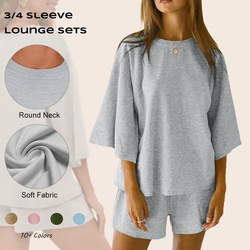 Imily Bela Womens 2 Piece Outfits 3/4 Sleeve Tops and Elastic Waist Shorts Lounge Sets Loungewea Womenswear Loungewear