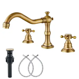 Antique Brass 8 inch Widespread Bathroom Sink Faucet 3 Holes 2 Handles Bathroom Vanity Faucet Basin Mixer Tap Faucet with Pop Up Drain