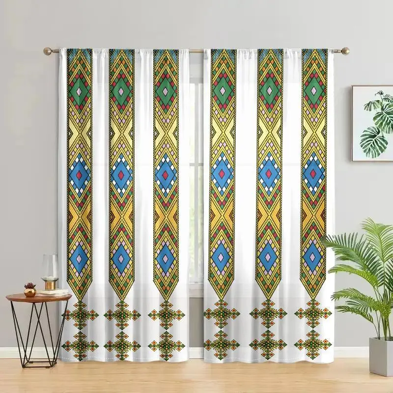 Ethiopian Pattern Sheer Curtains, Semi-Transparent Privacy Curtains, 2-Piece Modern Pocket Rod Curtains for Living Room & Office Decor, Window Curtain Panels