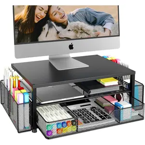 Desk Organizer and Accessories, 2-Tier Computer Monitor Stand Riser with Drawer and 2 Pen Holders, Laptop Stand, Office Desk Accessories for Office Supplies, Black