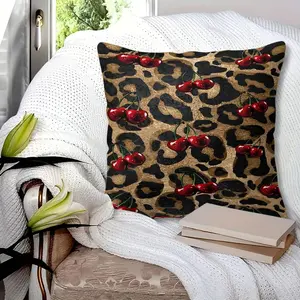 Vibrant Red Cherry & Leopard Print Throw Pillow, Home Decorative Cushion, 45cm Square with Inner Cushion, Zipper Closure, Glossy Cherries on Bold Leopard Background, Perfect for Playful & Luxurious Home Decor, Soft & Comfy Accent for Sofa & Bedroom