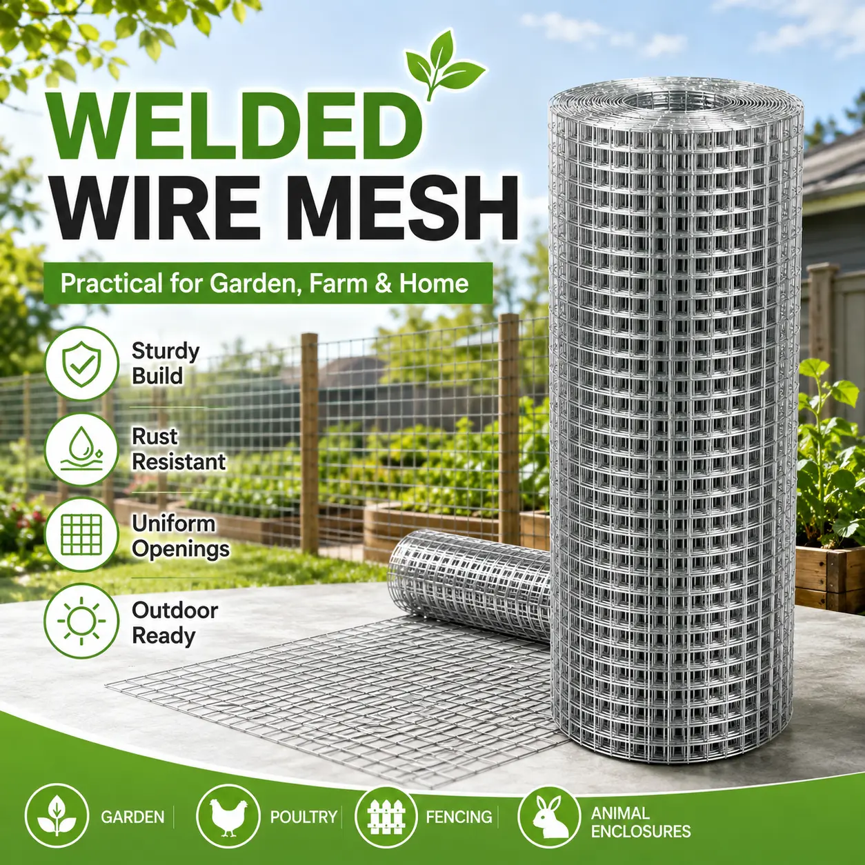 Heavy Duty Galvanized Steel Metal Welded Wire Mesh Fence Roll - Rust Proof, Rectangular Grid Outdoor Fencing for Garden, Farm Use