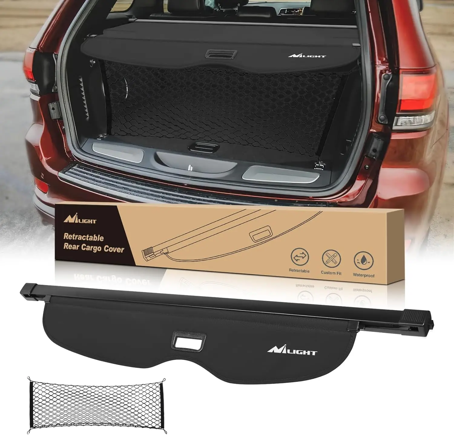 Nilight Retractable Trunk Cargo Shade Cover with Storage Net - Custom Fit, Snap Install, Privacy Shield, Cargo Protection, Water-Resistant Flannel Car Accessory for 2011-2021 Jeep Grand Cherokee, 1-Pack Clean Look Travel-Friendly Interior Kit