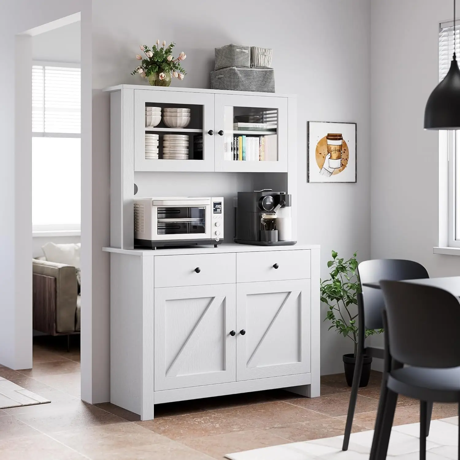 Garvee Kitchen Pantry Cabinet with Microwave Stand, Freestanding Hutch Cabinet with Buffet Cupboard, Tall Kitchen Cabinets with Adjustable Shelves for Dining Room, White