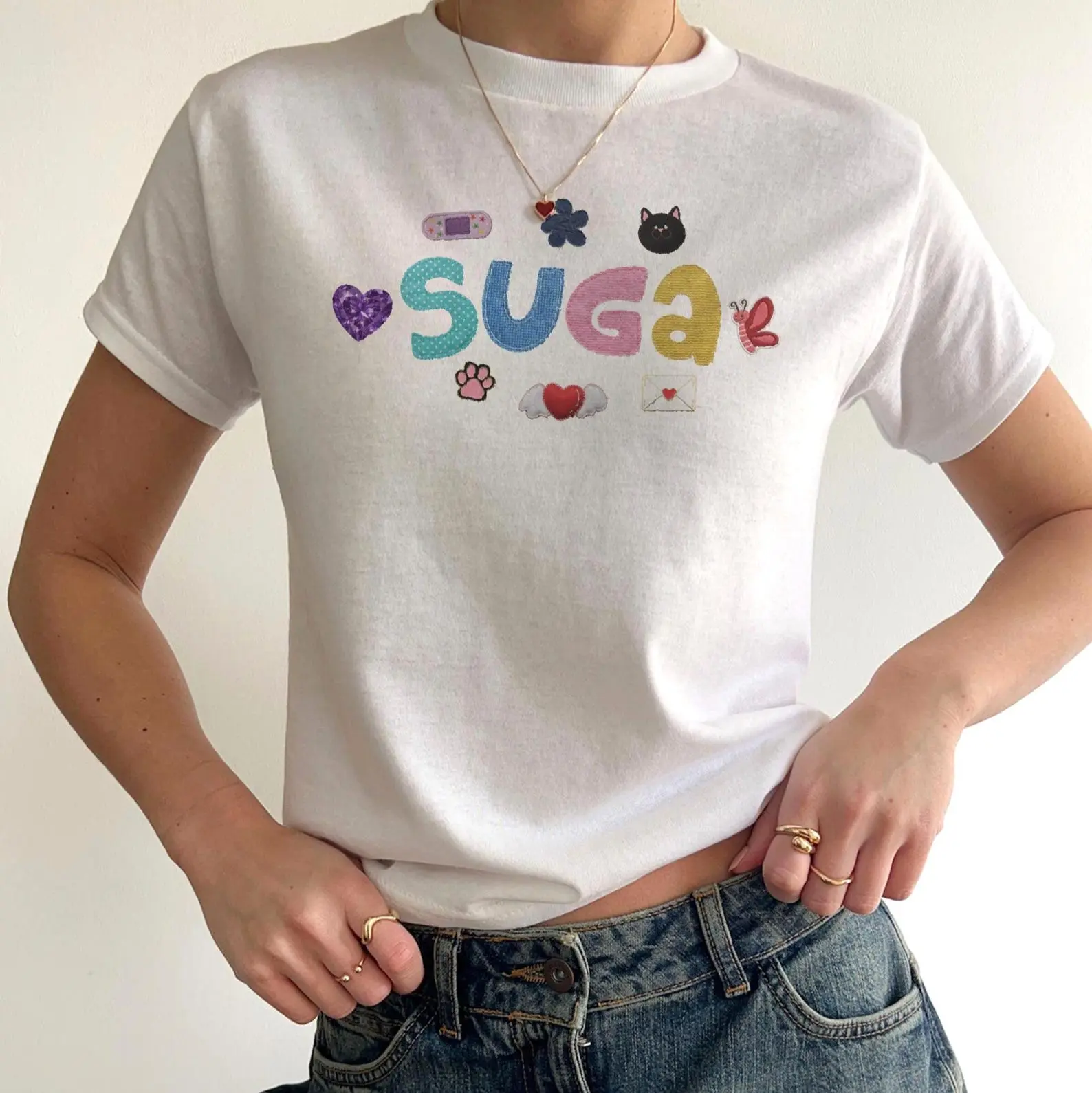 SUGA Yoongi Patchwork Scrapbooking Lettering Baby Tee, ARIRANG Tour Merch Concert Outfit, Gift for Army Kpop Fan