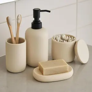 Ceramic Bathroom Accessories Set 4 Pcs – Modern Scandinavian Neutral Bathroom Soap Dispenser Set with Toothbrush Holder, Soap Dish & Cup – Minimalist Bathroom Accessory Set Decor - Beige