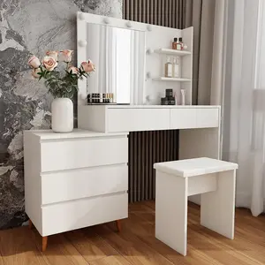 Makeup Vanity Table with Mirror & LED Lighted, 55" Dressing Table with Storage Drawers, Vanity Desk with Stylish Design for Home Grooming, White Beauty Station with Storage Drawers, Matching Stool, and Organizing Compartments