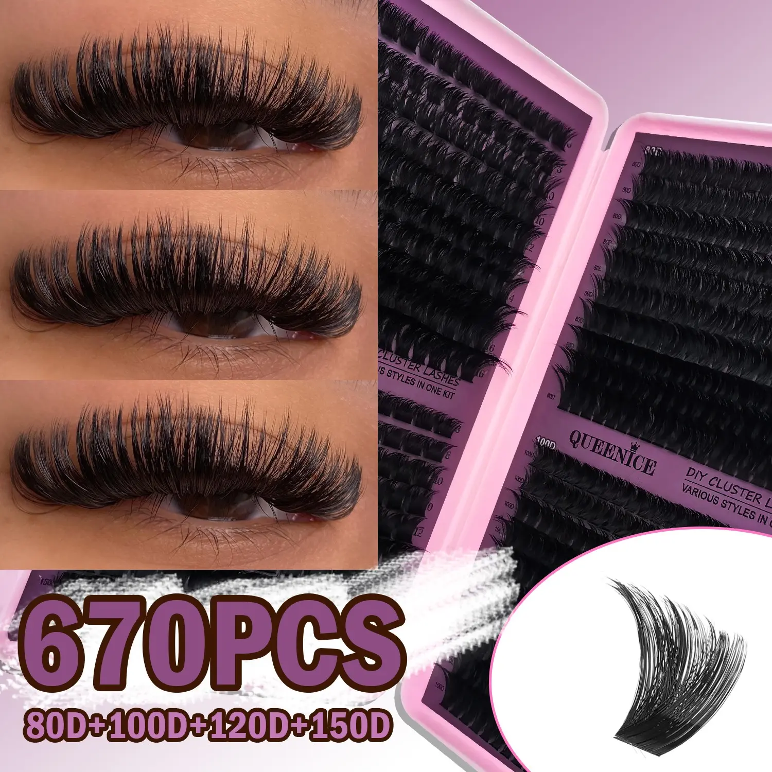 Thick Cluster Lash Extension Kit 80D/110D/150D D Curl 8-16mm Natural Fluffy Wispy Volume Lashes Clusters Eyelash Extensions Easy to Apply Sunflower Eye Makeup for Beginners Dramatic Look Cluster False Eyelashes