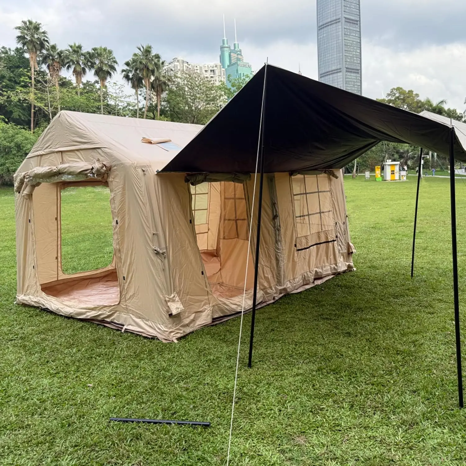 Luxury Large Inflatable Tent with Stove Jack & AC Port, 4-12 Person 4 Season Glamping Canvas House, Tech Cotton Hot Blow Up Tent with Clear Skylight, Waterproof Air Tents for Family Camping